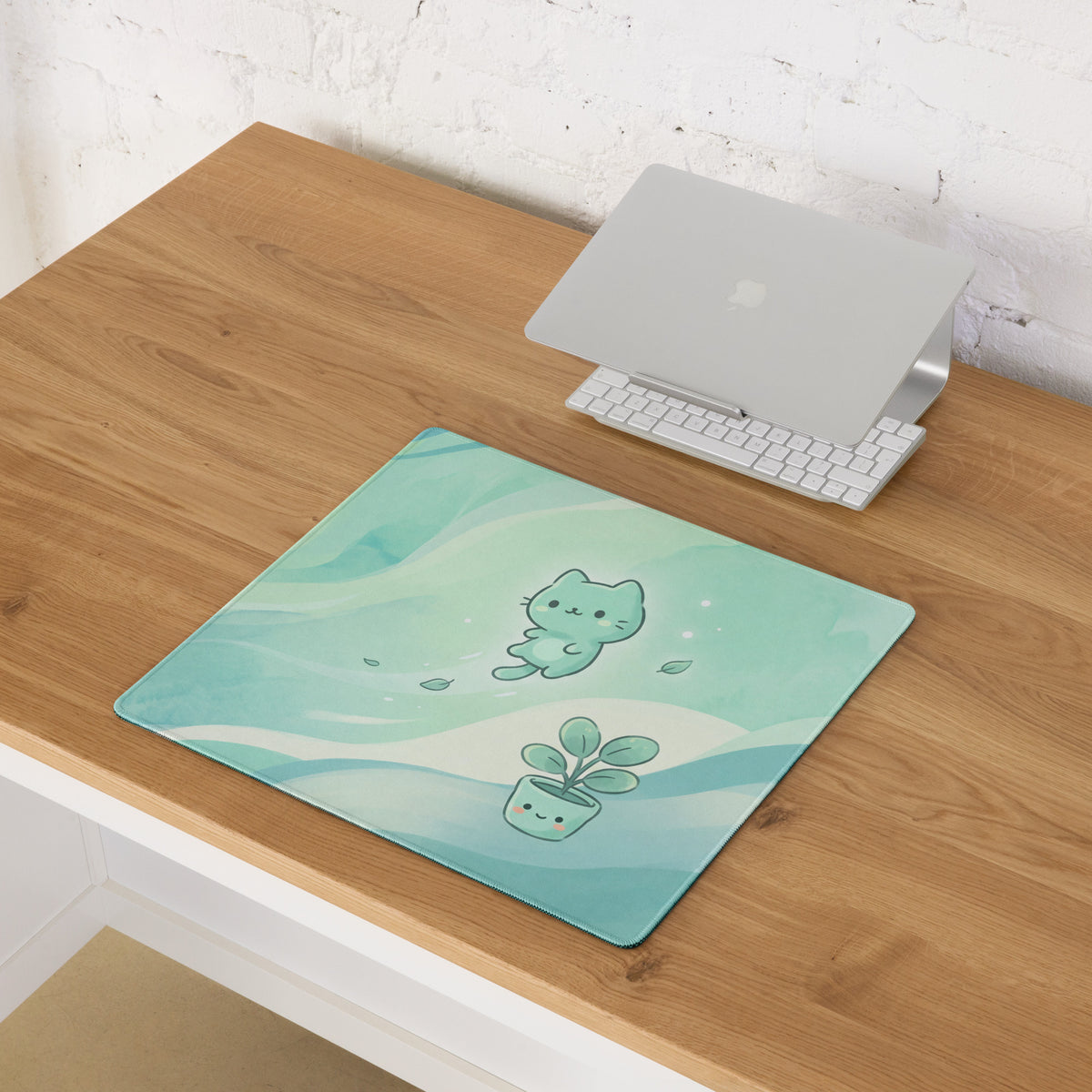 Cute Mint Green Kawaii Cat Mouse Pad