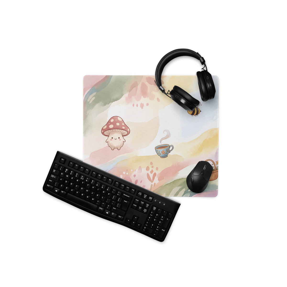 Pastel Girly Cute Gaming Mouse Pad With Mushrooms Tea Cup Butterflies