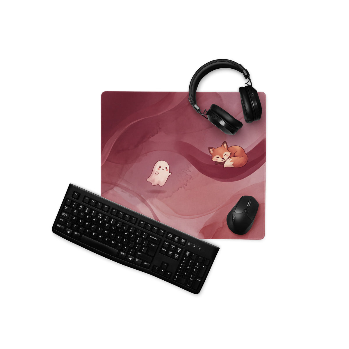 Pink Moonlit Cute Gaming Mouse Pad With Foxes Mushrooms Stars