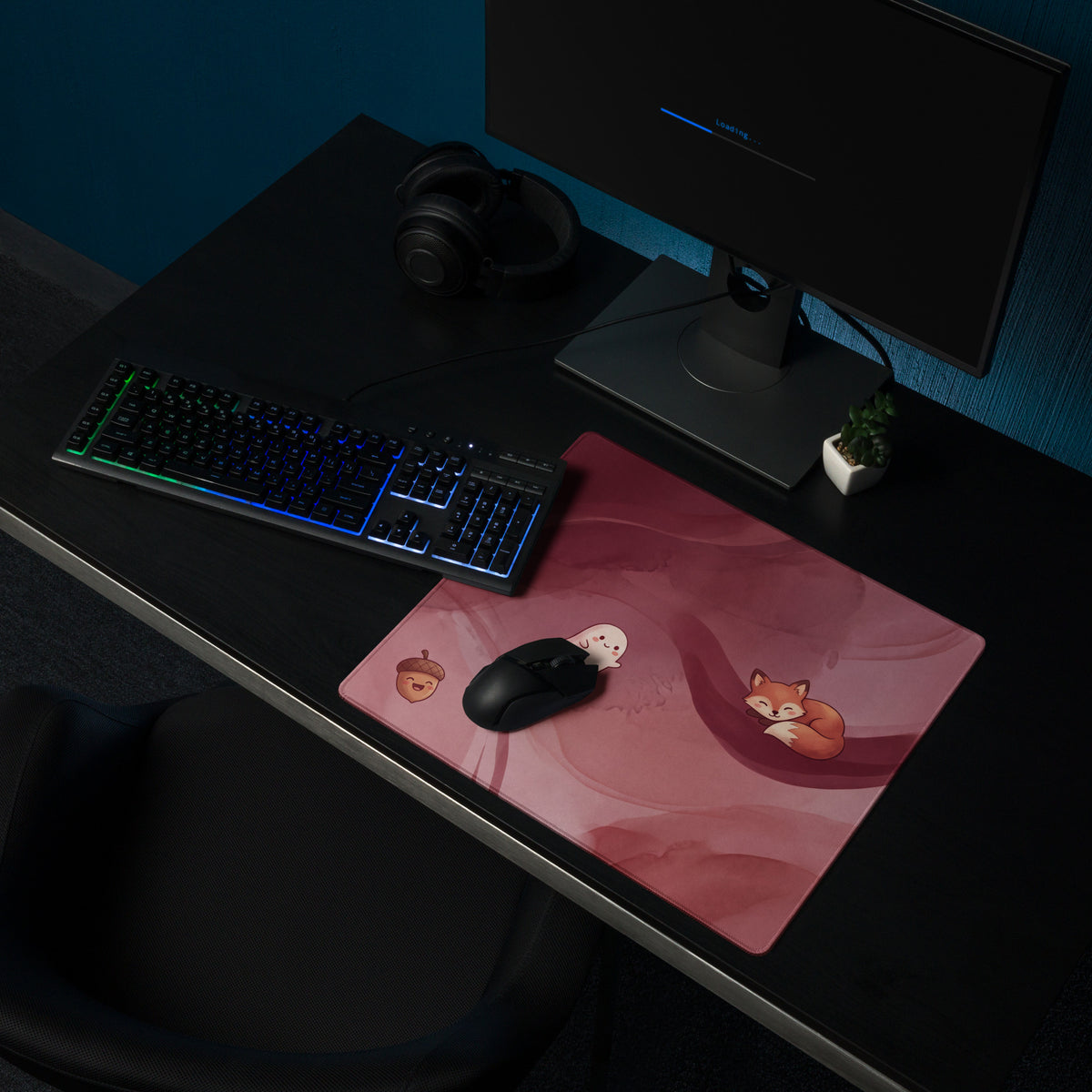 Pink Moonlit Cute Gaming Mouse Pad With Foxes Mushrooms Stars
