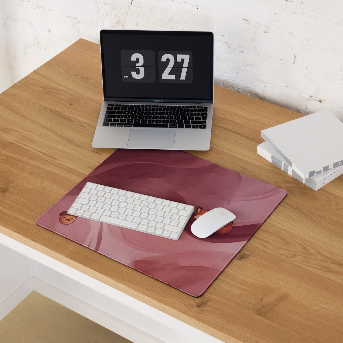 Pink Moonlit Cute Gaming Mouse Pad With Foxes Mushrooms Stars