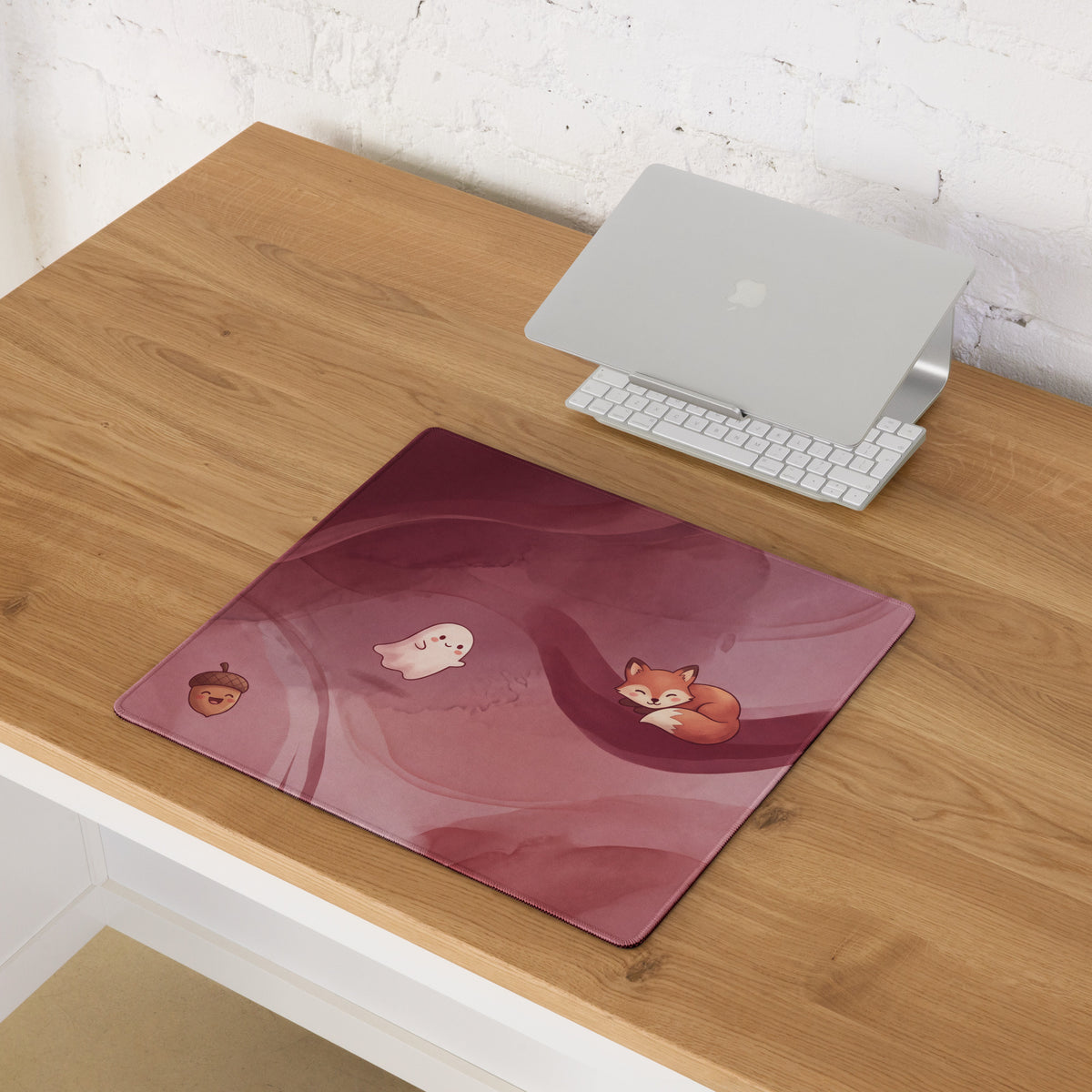 Pink Moonlit Cute Gaming Mouse Pad With Foxes Mushrooms Stars