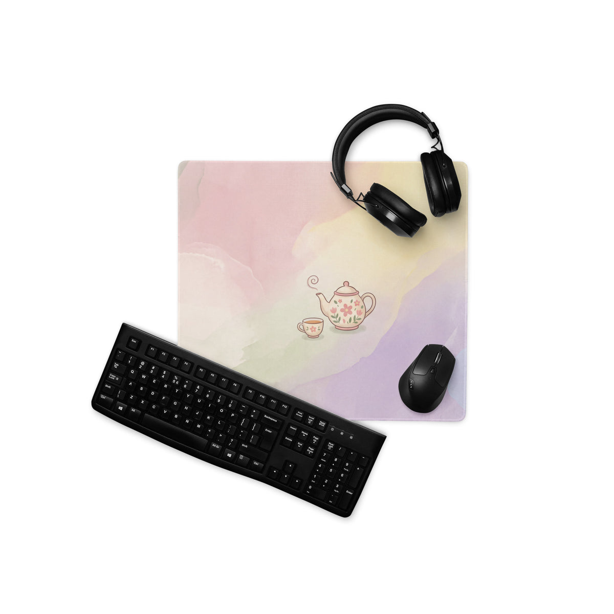 Pastel Pink Floral Gaming Mouse Pad With Cute Teapot Bees Design