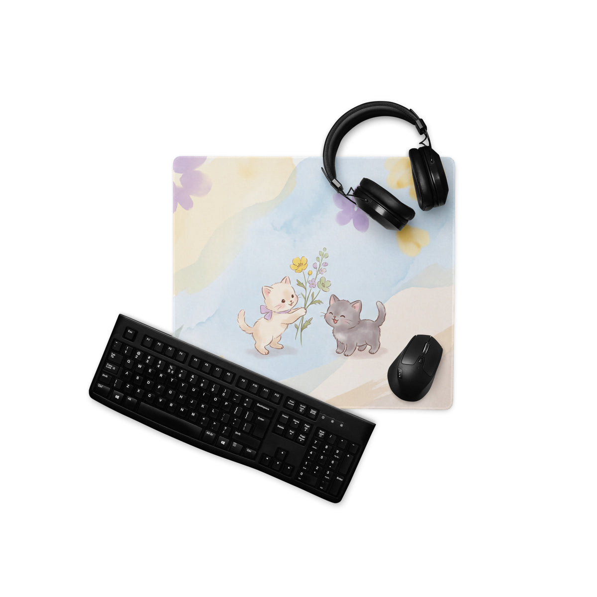 Pastel Floral Cat Theme Gaming Mouse Pad Cute Hearts