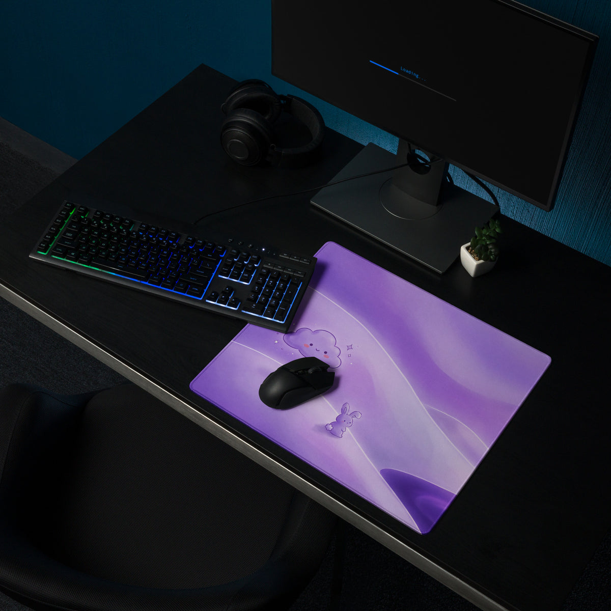 Purple Galaxy Cute Mouse Pad With Clouds And Bunnies
