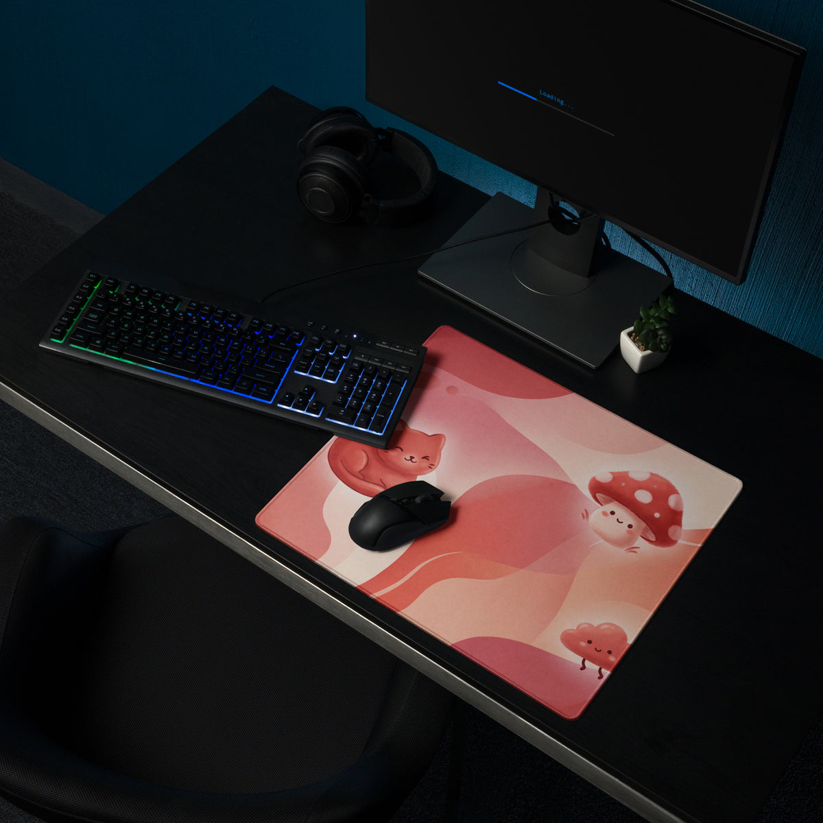 Cute Pink Gaming Mouse Pad With Mushrooms And Hearts