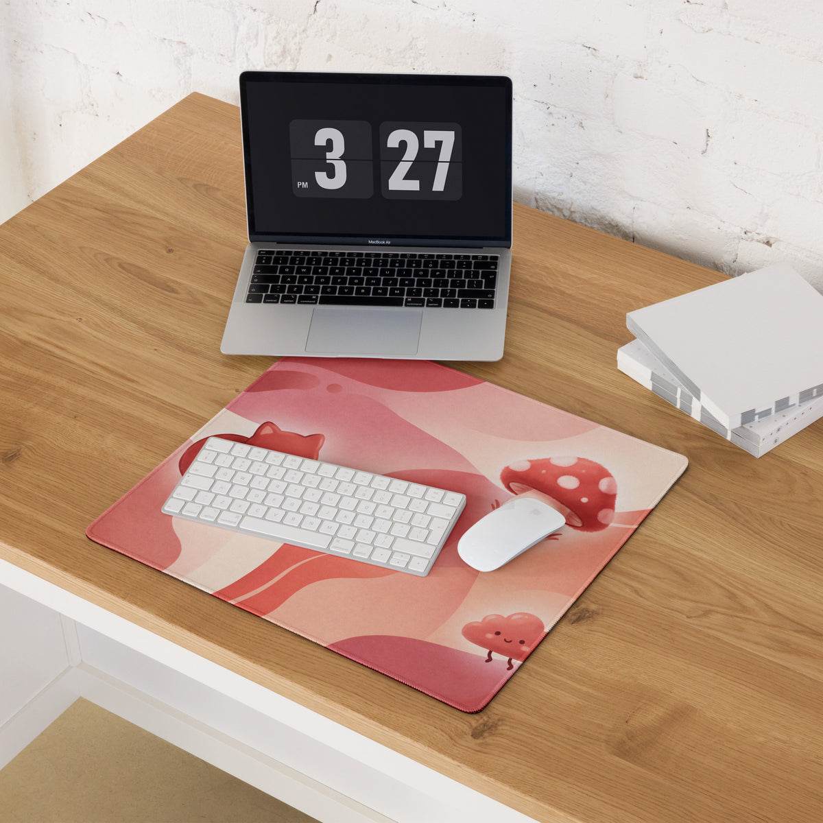 Cute Pink Gaming Mouse Pad With Mushrooms And Hearts