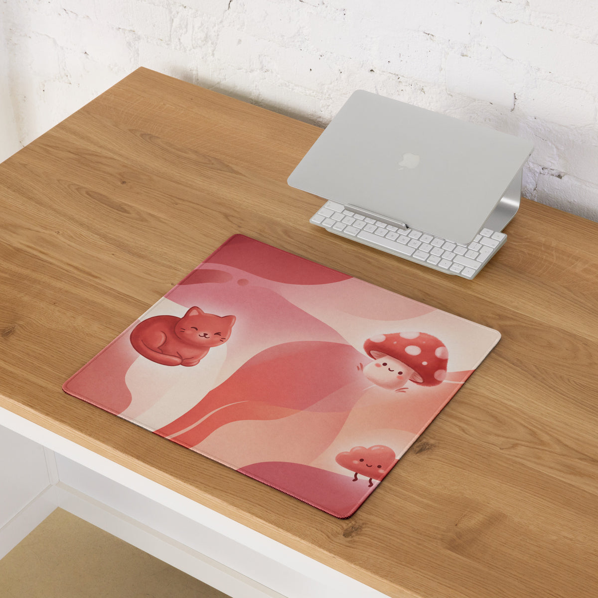 Cute Pink Gaming Mouse Pad With Mushrooms And Hearts