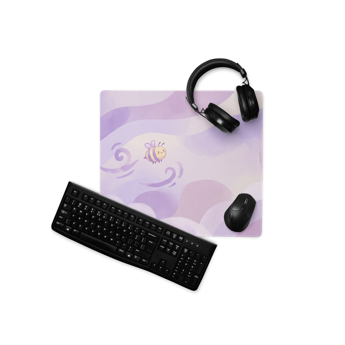 Lilac Galaxy Gaming Mouse Pad With Cute Clouds Bee Art