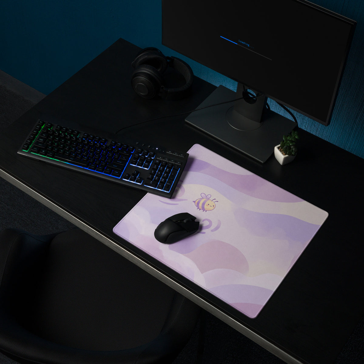 Lilac Galaxy Gaming Mouse Pad With Cute Clouds Bee Art