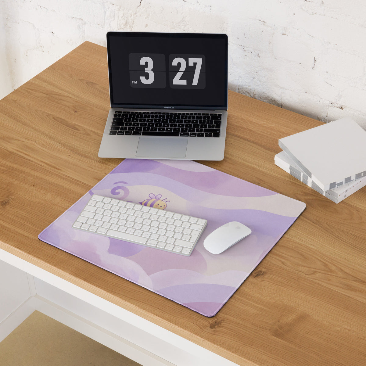 Lilac Galaxy Gaming Mouse Pad With Cute Clouds Bee Art