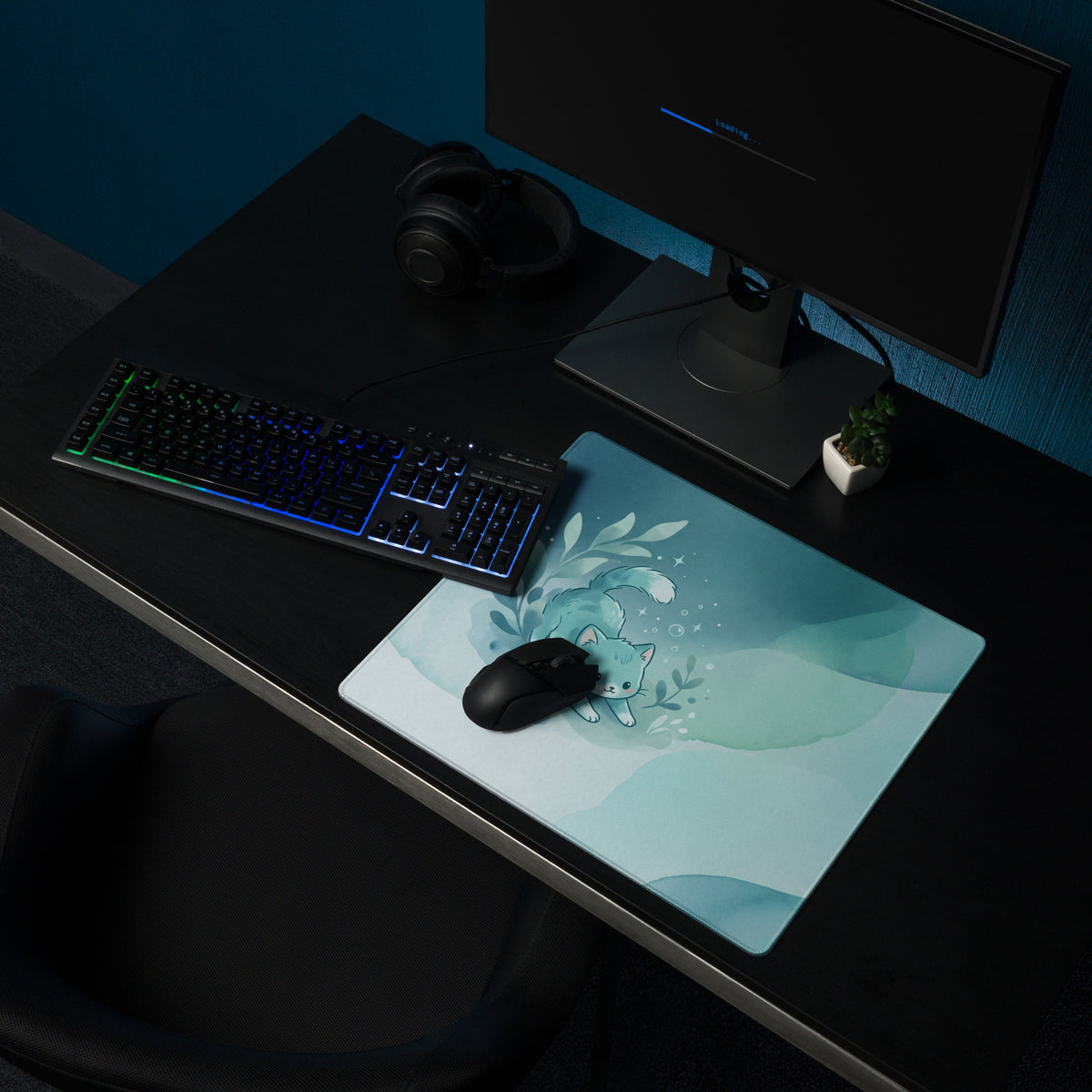 Cute Blue Gradient Gaming Mouse Pad With Kawaii Cats