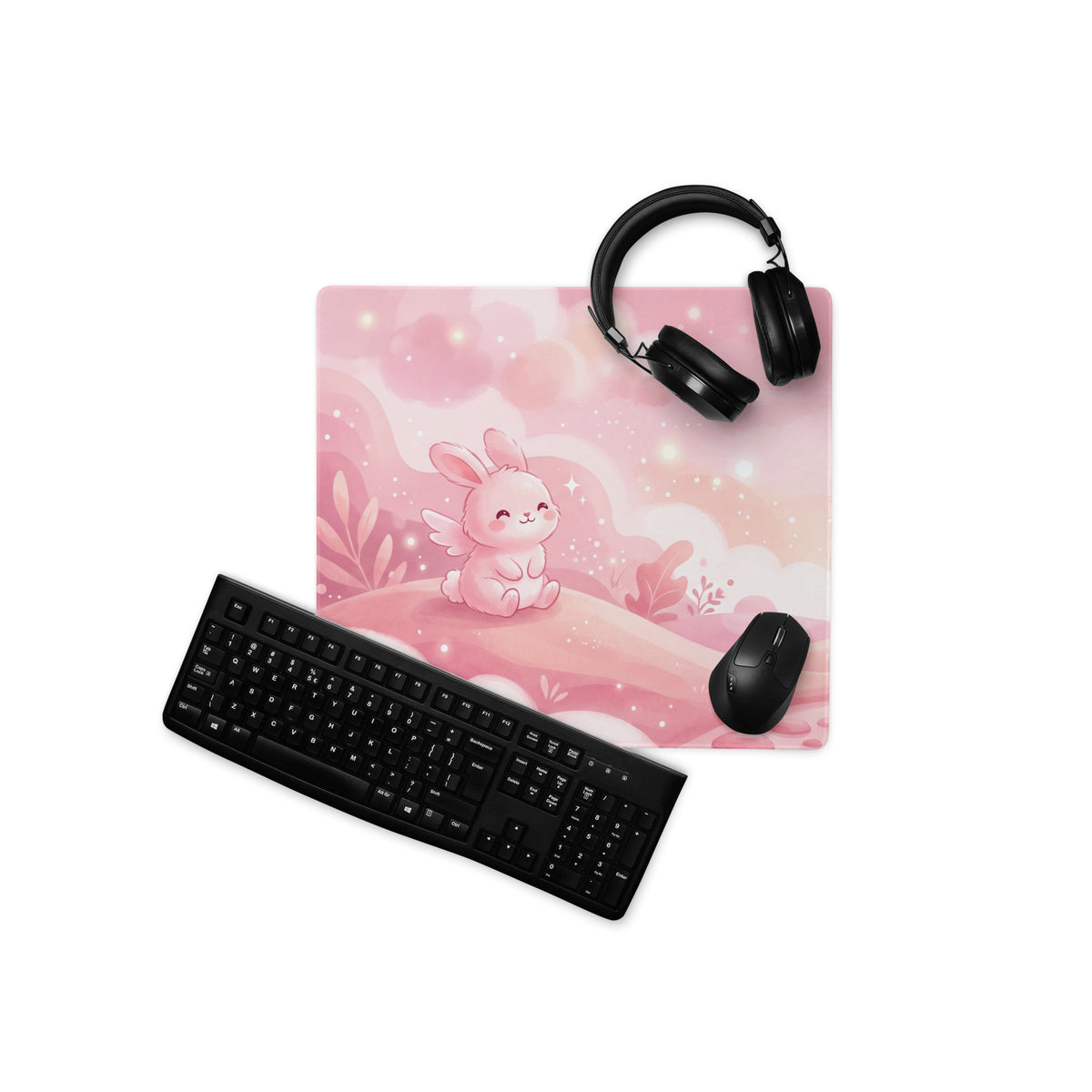Pink Gaming Mouse Pad Cute Bunny Clouds