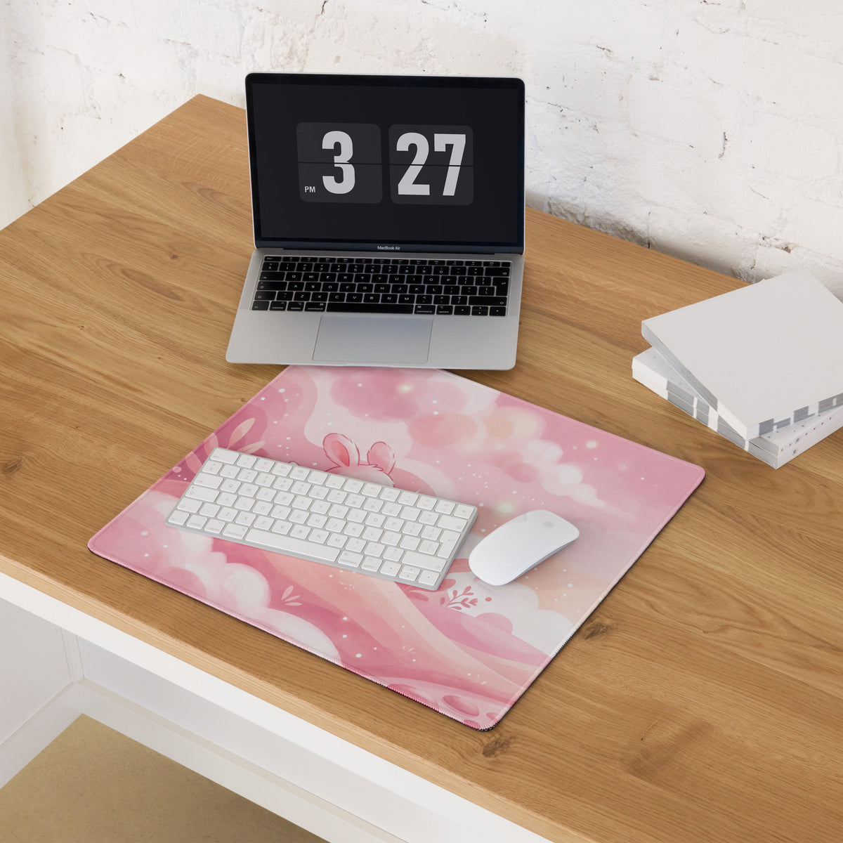 Pink Gaming Mouse Pad Cute Bunny Clouds