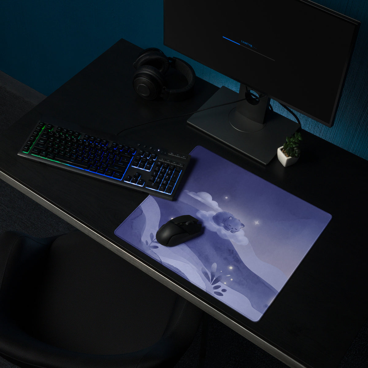 Purple Cat Night Sky Gaming Mouse Pad With Cute Clouds