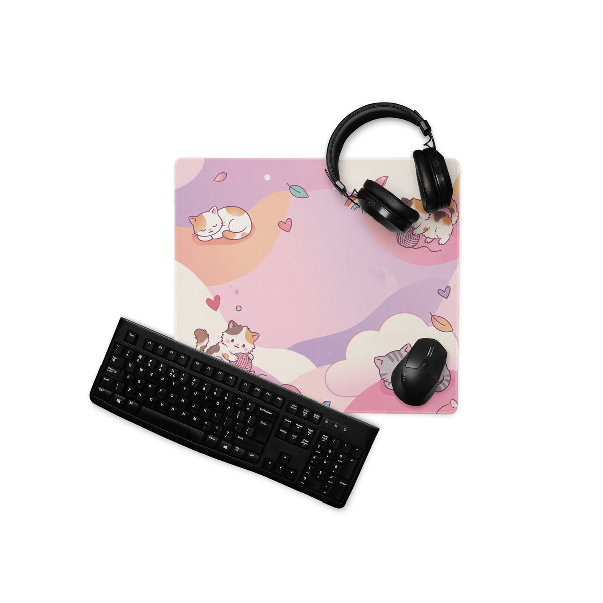 Pastel Kitty Cats Gaming Mouse Pad With Cute Hearts And Rainbow