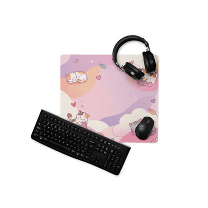 Pastel Kitty Cats Gaming Mouse Pad With Cute Hearts And Rainbow