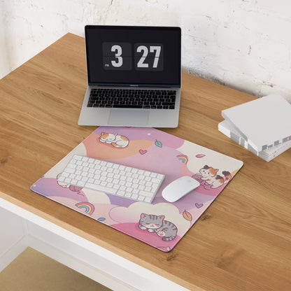 Pastel Kitty Cats Gaming Mouse Pad With Cute Hearts And Rainbow