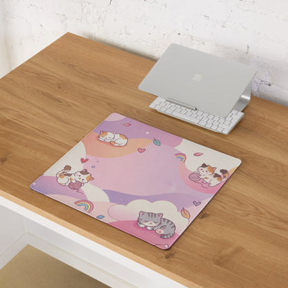 Pastel Kitty Cats Gaming Mouse Pad With Cute Hearts And Rainbow