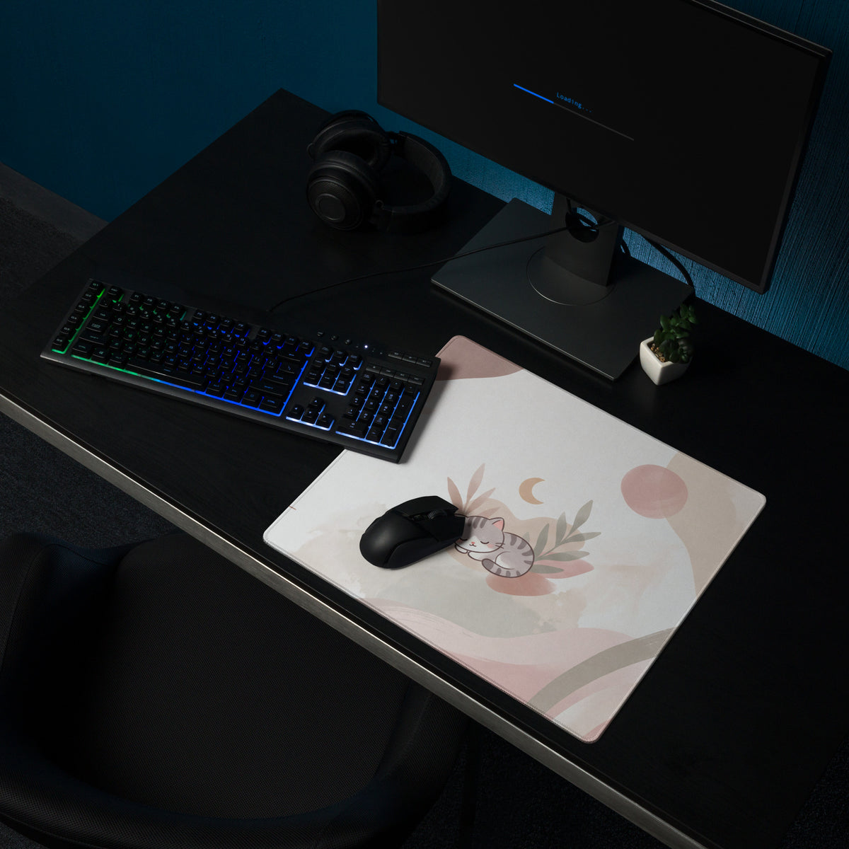 Cute Pink Gradient Gaming Mouse Pad With Cat Design