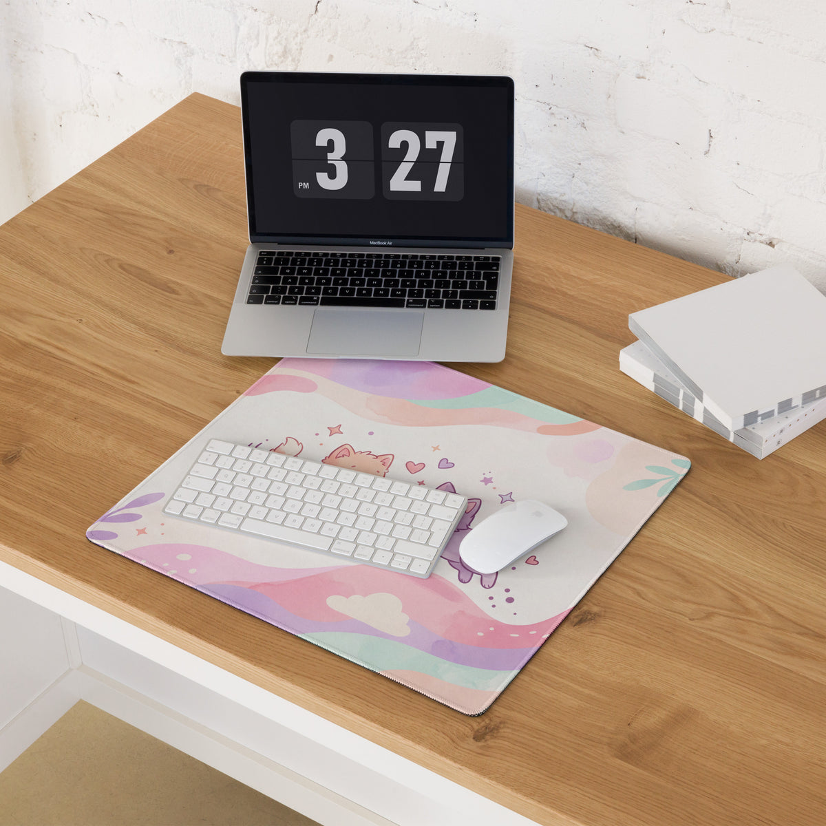 Pastel Pink Rainbow Gaming Mouse Pad With Cute Cats Hearts