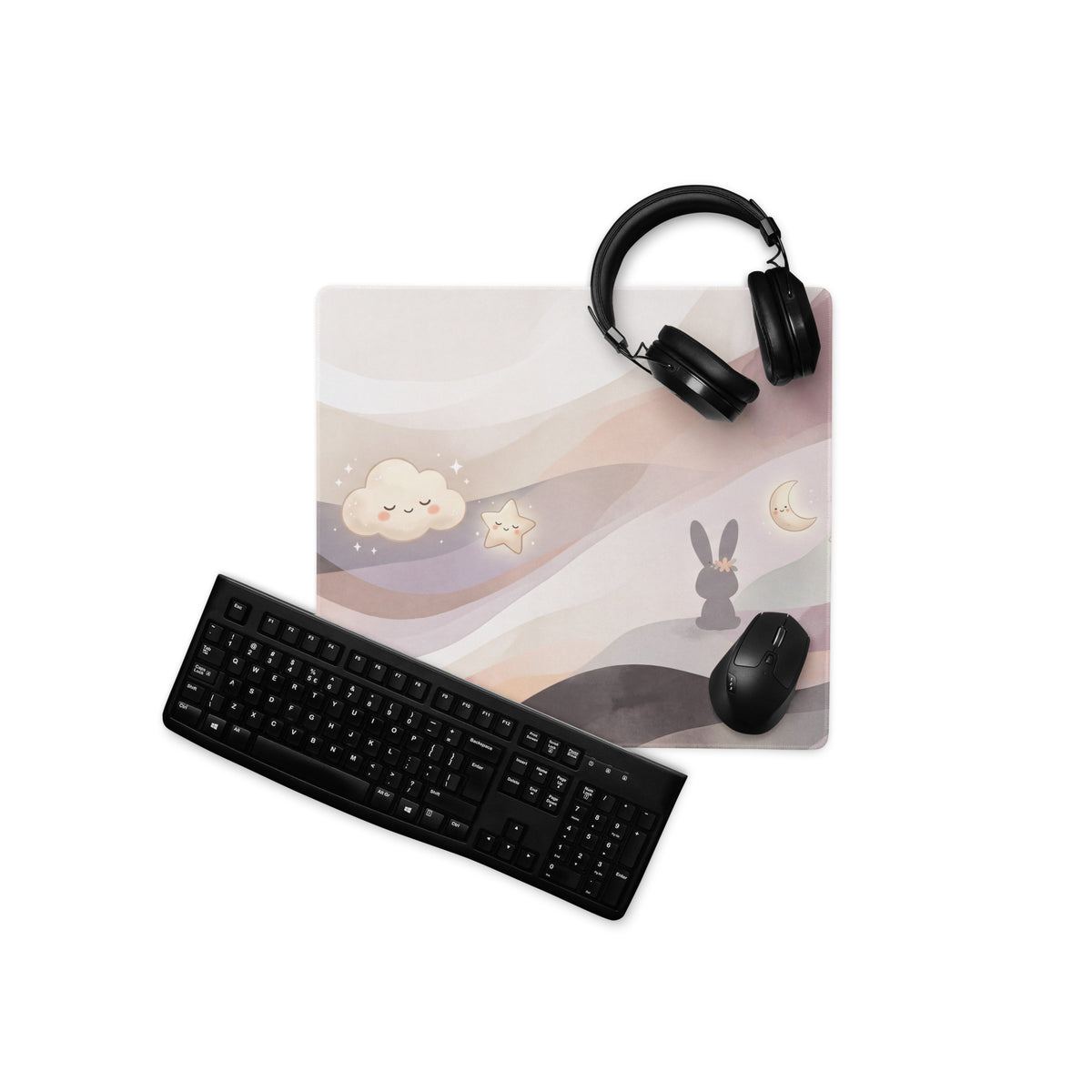 Pastel Rainbow Gaming Mouse Pad With Cute Clouds Moon Stars