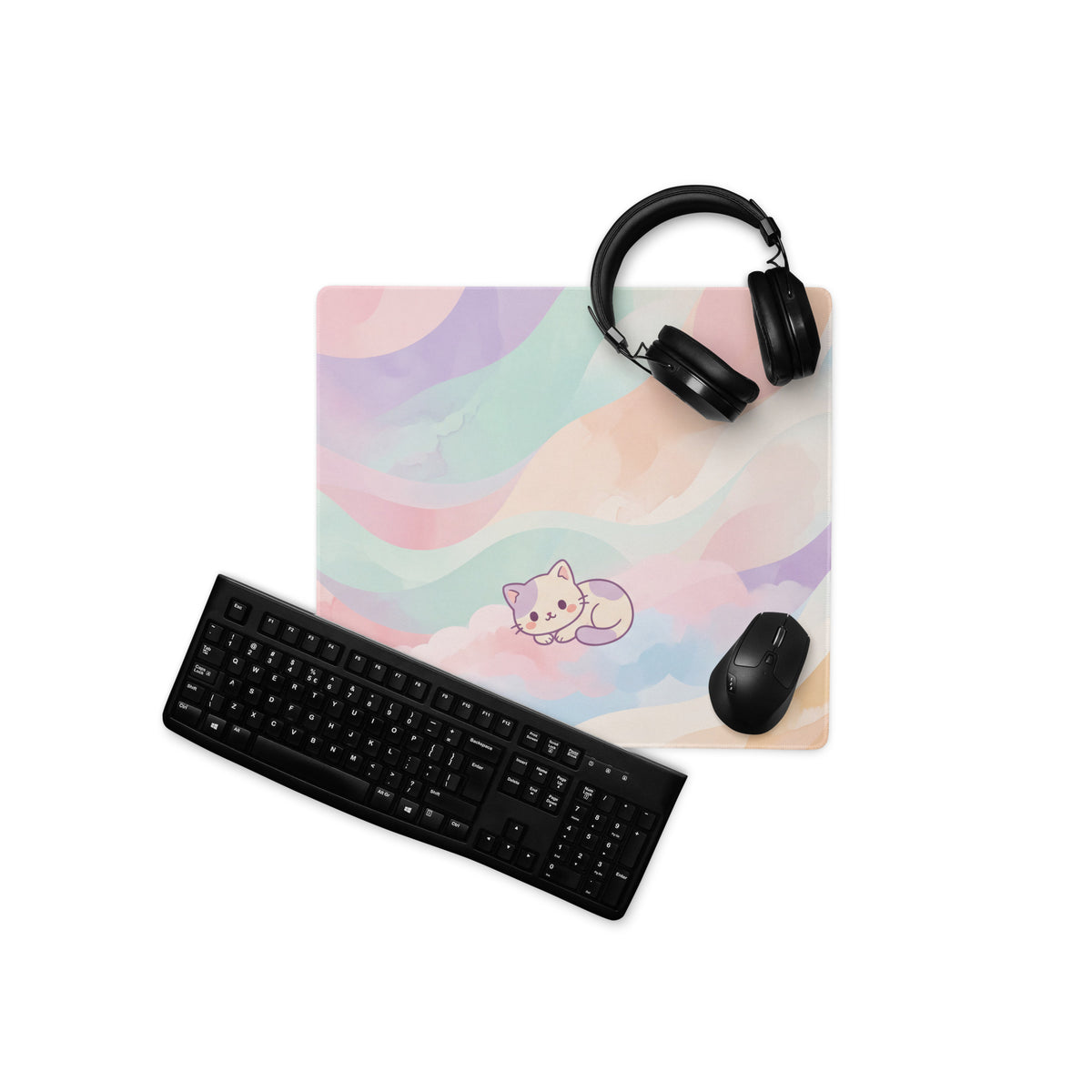 Pastel Rainbow Cat Gaming Mouse Pad Cute Girly Design