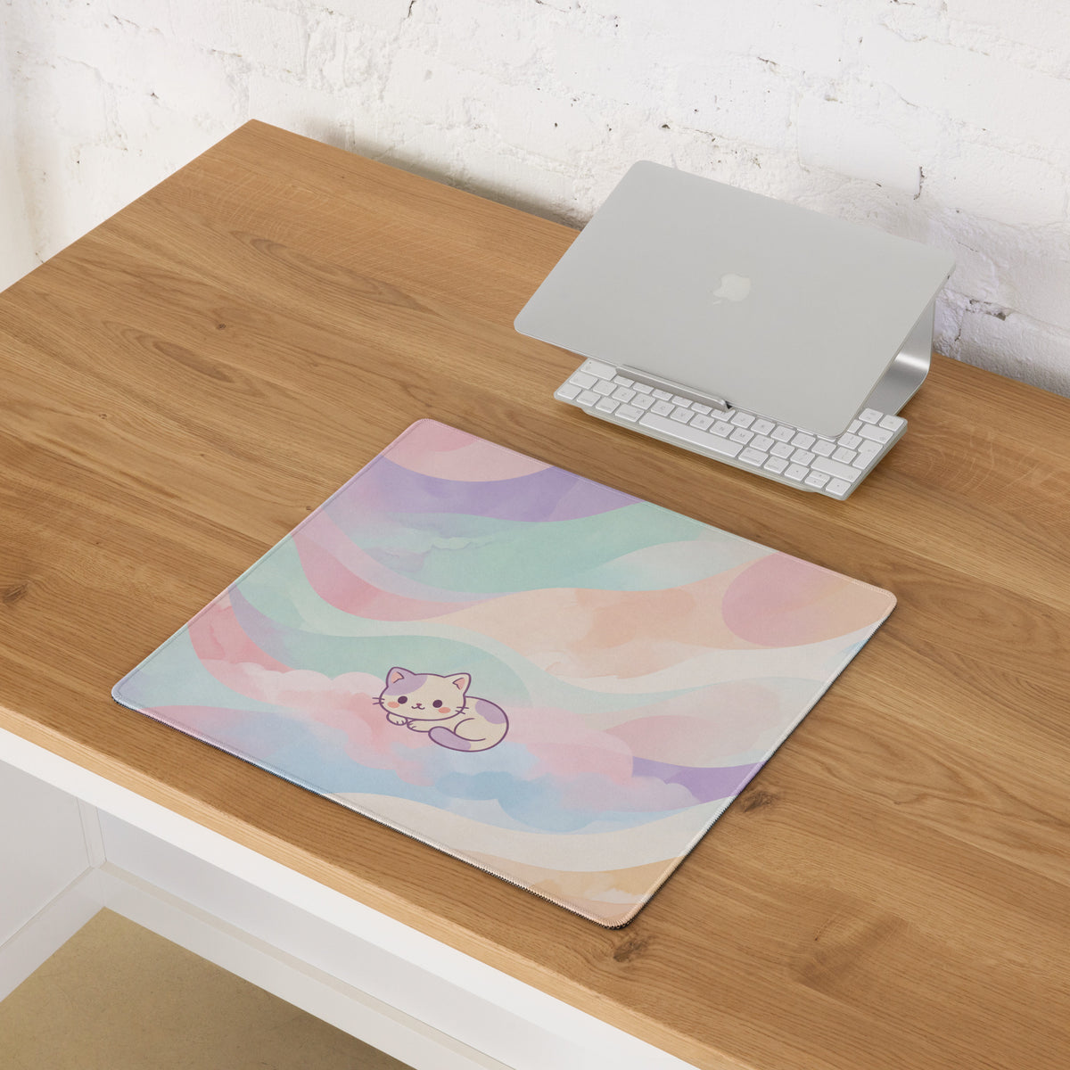 Pastel Rainbow Cat Gaming Mouse Pad Cute Girly Design