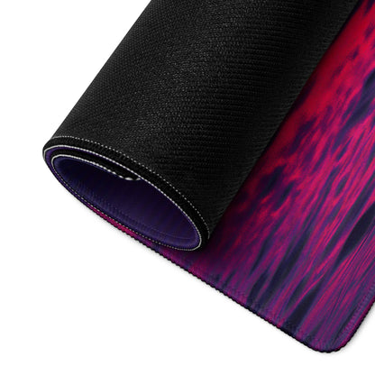 Vaporwave Sunset gaming mouse pad rolled up with purple pink gradient and non-slip backing