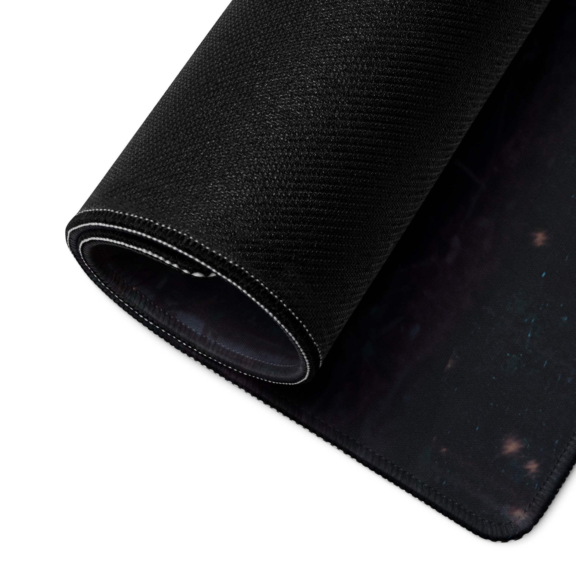 Black cosmic textured mousepad with stitched edge, durable non-slip surface