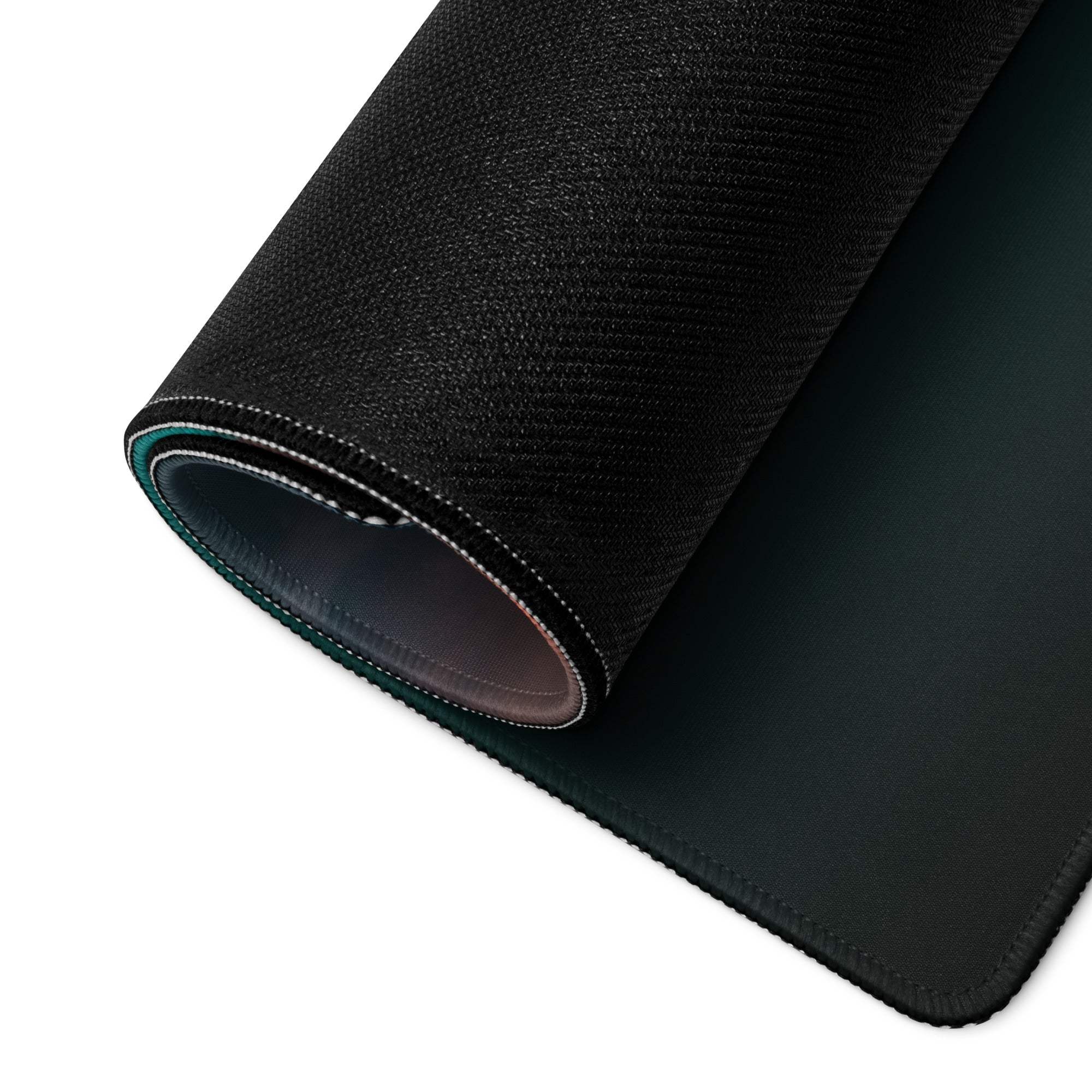 Black textured gaming mousepad with teal Epic Ocean Sunset scene, stitched edges