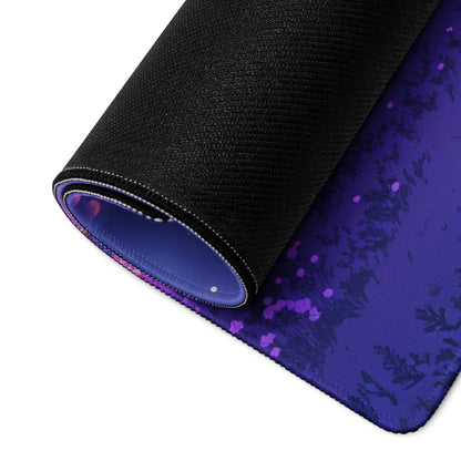 Rolled-up Dreamy Purple Lavender cosmic gaming mouse pad with non-slip backing