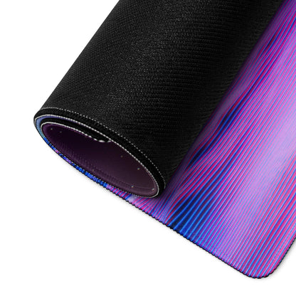 Neon Sunset Mountain gaming mousepad rolled up with purple-to-blue gradient