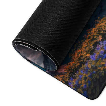 Rolled-up black gaming mousepad with vibrant purple orange floral design