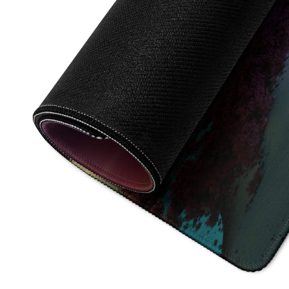 Large Dreamy Sunset Bridge gaming mouse pad with purple teal design, non-slip base, stitched edge