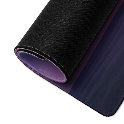Back of Dreamy Sunset gaming mouse pad with black textured top, purple to navy gradient underside, stitched edges, non-slip base