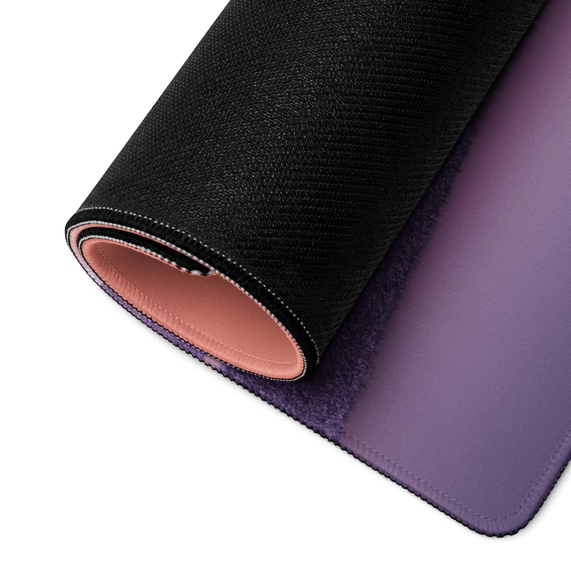 Dreamy Landscape Pastel Purple Sunset large gaming mouse pad with black purple gradient, pink lining, stitched edges