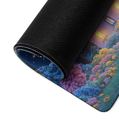Rolled-up Dreamy Paris Nightscape gaming mouse pad with fantasy flowers and starry house