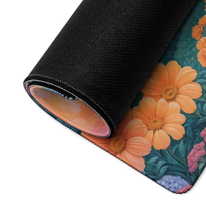 Rolled-up Dreamy Landscape floral gaming mouse pad with orange pink blossoms