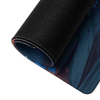 Black textured Epic Twilight Sunset mousepad with rolled edge revealing blue purple design