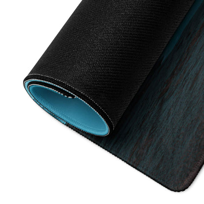 Black textured Calm Ocean Blue gaming mousepad with teal lining and wood-grain surface