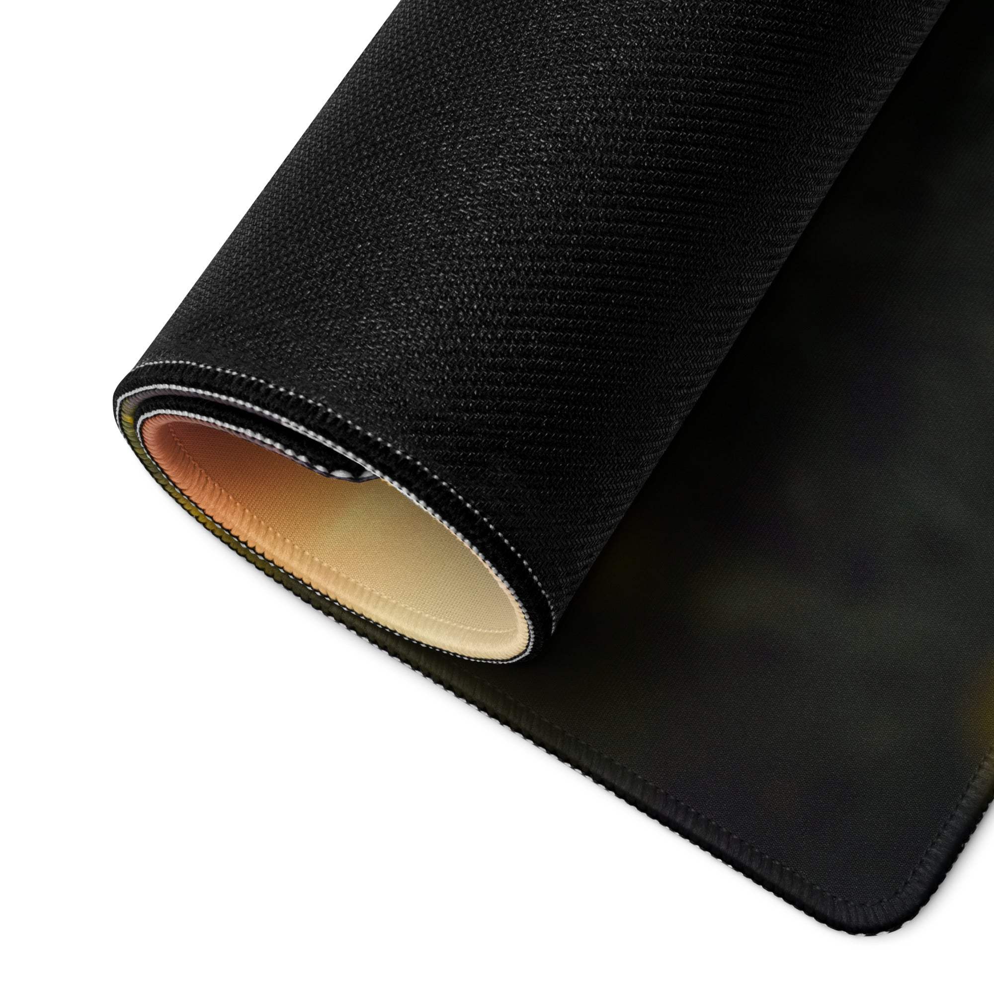 Back of Epic Sunset Field Church large gaming mouse pad with beige non-slip underside and stitched edges