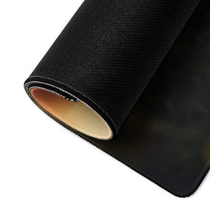 Back of Epic Sunset Field Church large gaming mouse pad with beige non-slip underside and stitched edges