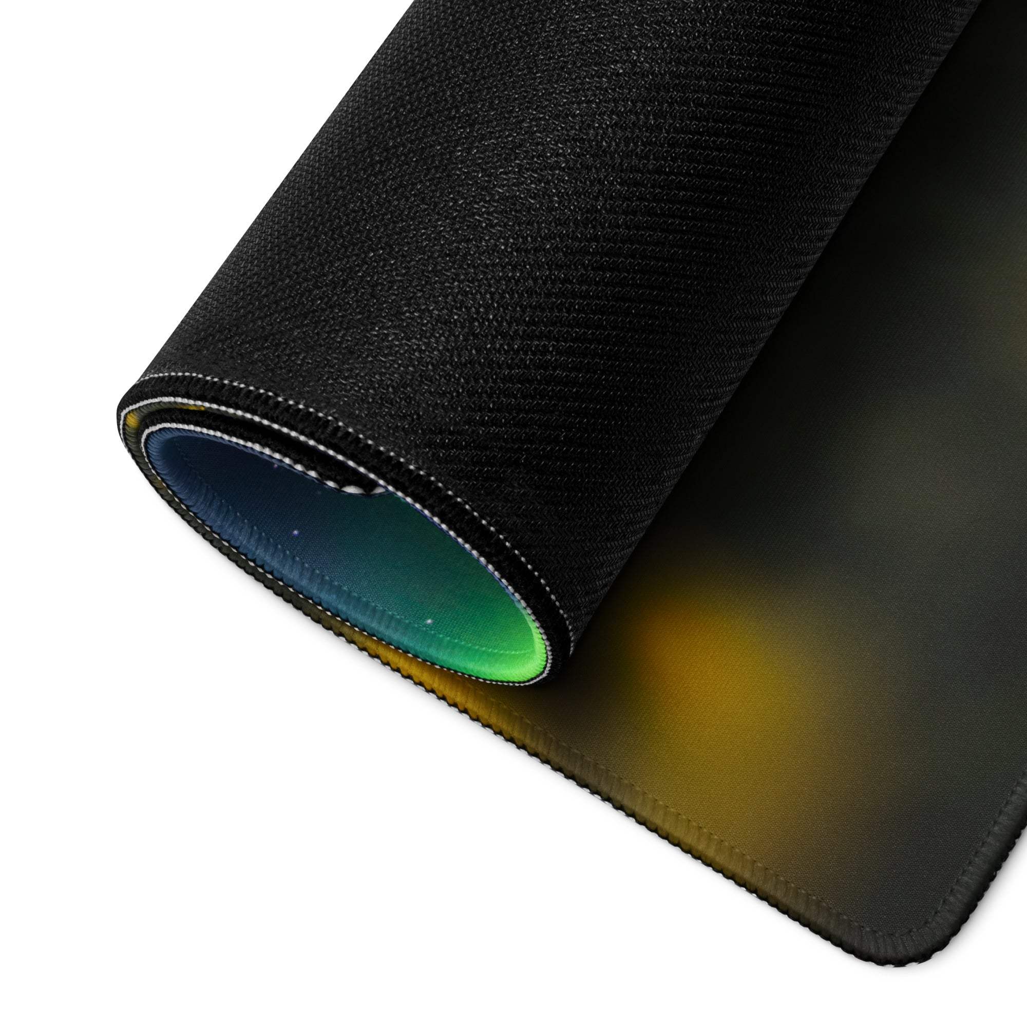 Black textured Aurora Northern Lights mousepad with blue-to-green gradient underside
