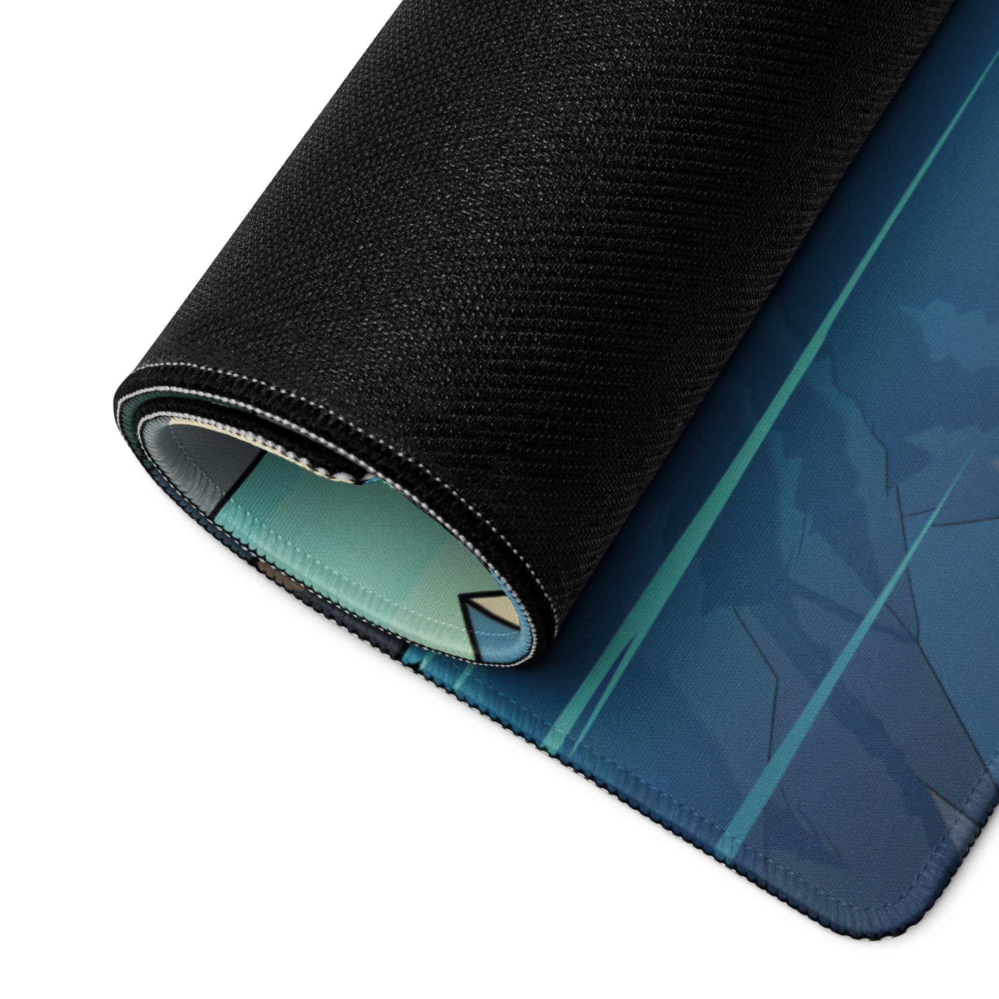 Rolled Epic Mountain Landscape gaming mousepad in blue teal design