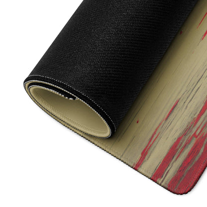 Black and beige gaming mouse pad with red paint splatter and dreamlike red moon design