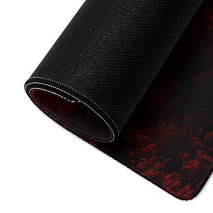 Backside of Dark Red Moon Forest large gaming mouse pad with black textured surface and red splatter non-slip backing