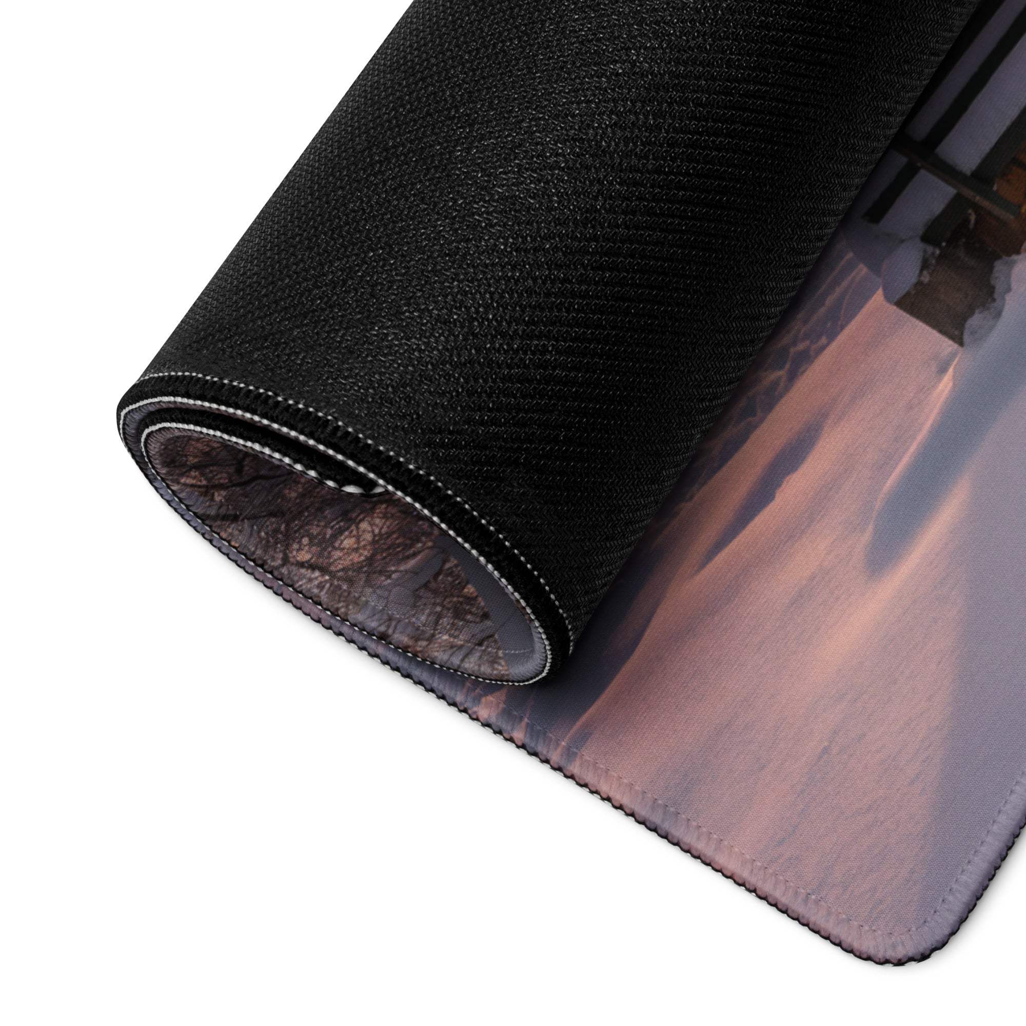 Premium large gaming mouse pad with black textured winter sunset design
