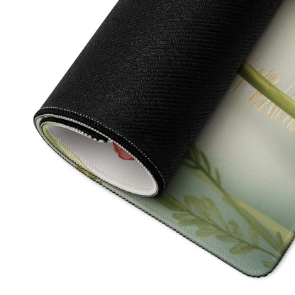 Black rolled-up Floral Poppy large gaming mouse pad with green botanical leaves