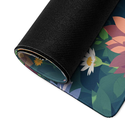 Vibrant floral garden gaming mouse pad rolled up with pink blossoms on teal, non-slip backing